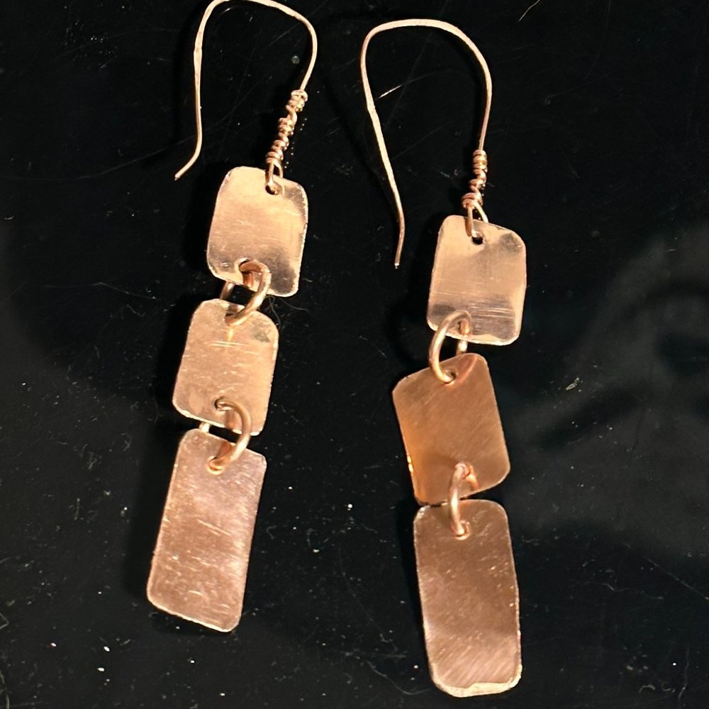 Solid Copper Dangle Geometric Rustic Earrings Handmade Drop Scrap Industrial